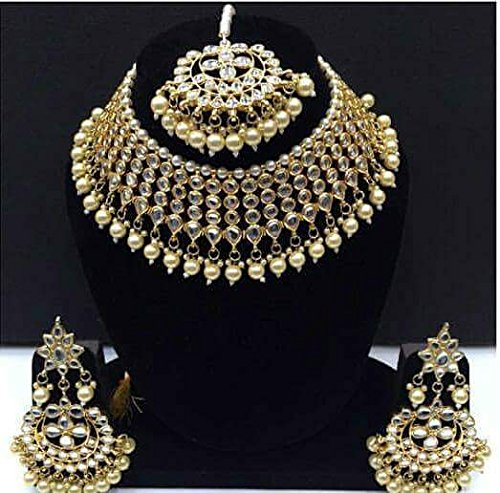 Aheli Ethnic Wedding Wear Faux Kundan Beaded Necklace (White) with Maang Tikka Set Indian Fashion Jewelry for Women