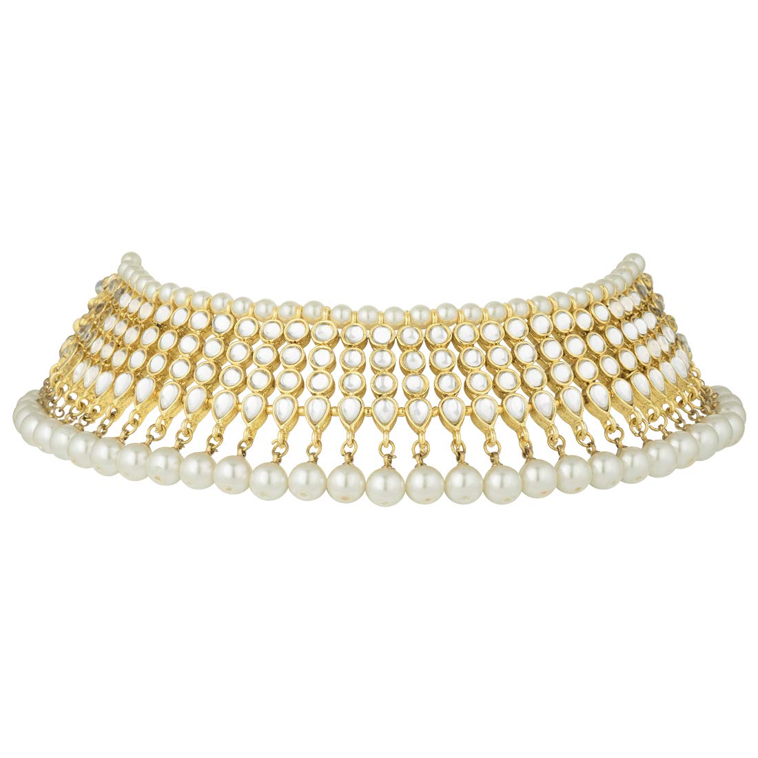 Aheli Ethnic Wedding Wear Faux Kundan Beaded Necklace (White) with Maang Tikka Set Indian Fashion Jewelry for Women