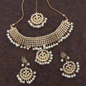 Aheli Ethnic Wedding Wear Faux Kundan Beaded Necklace (White) with Maang Tikka Set Indian Fashion Jewelry for Women