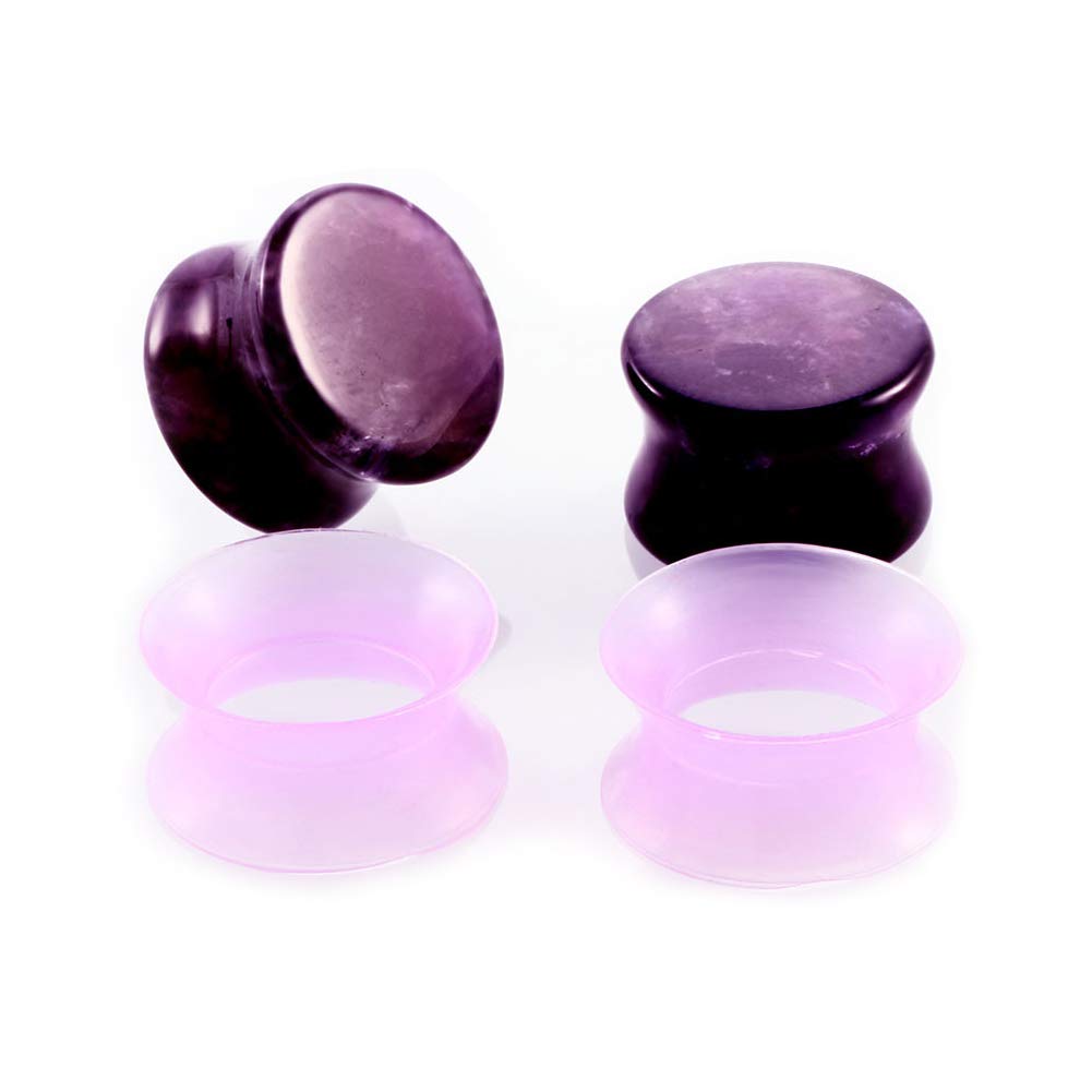 HQLA 2 Pairs Purple Amethyst Natual Stone/Ultra-Thin Silicone Ear Gauges Plugs Tunnels Expanders Stretcher Body Piercing Jewelry,2g-5/8''(6mm-16mm) (00g(10mm))