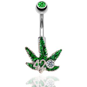 Pierce2GO 14G Belly Button Rings Surgical Steel Weed Marijuana 4/20 Belly Button Ring with CZ Stone - Belly Piercing for Women – 7/16”