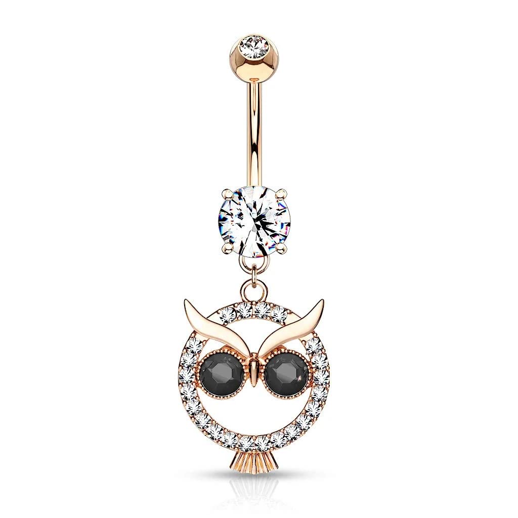 Amelia Fashion 14GA Crystal Paved Black Eyed Owl Dangle Belly Button/Navel Ring 316L Surgical Steel (Choose Color) (Rose Gold/Clear)