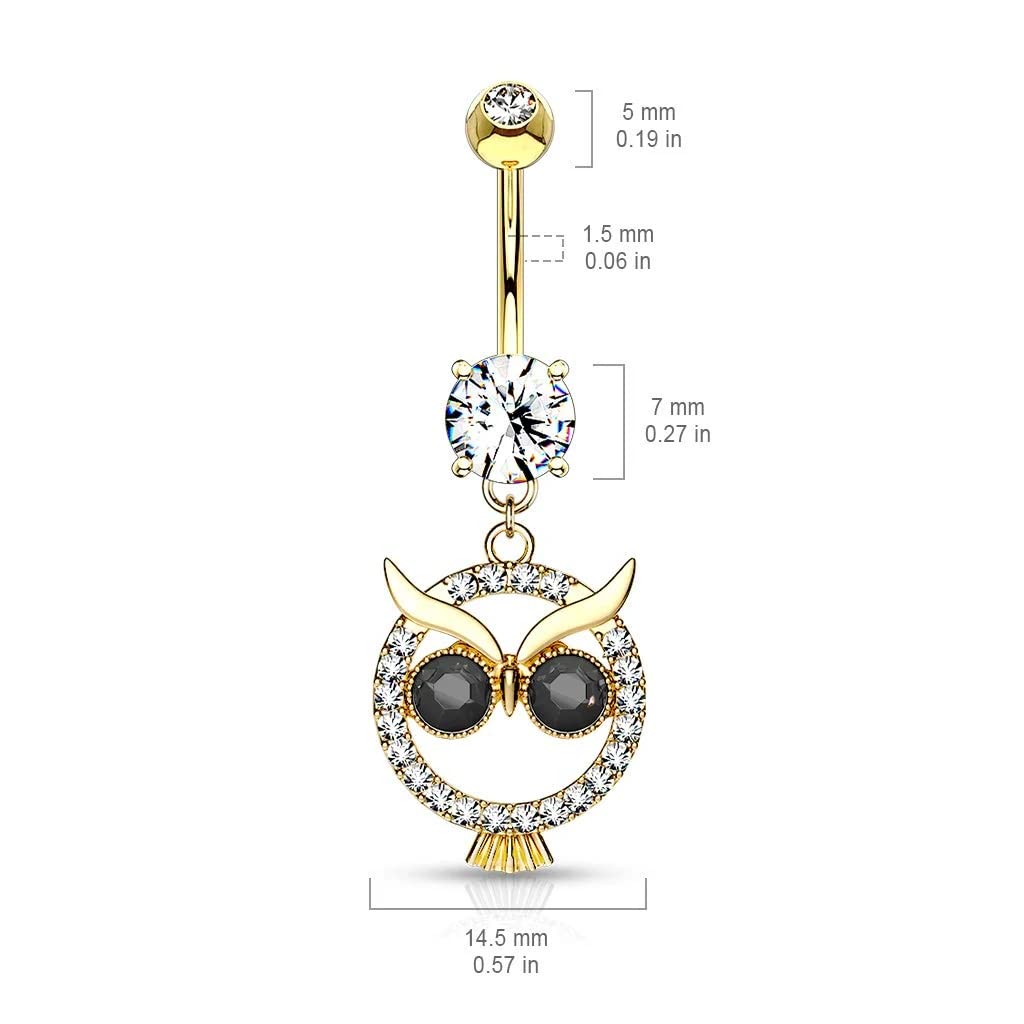 Amelia Fashion 14GA Crystal Paved Black Eyed Owl Dangle Belly Button/Navel Ring 316L Surgical Steel (Choose Color) (Rose Gold/Clear)