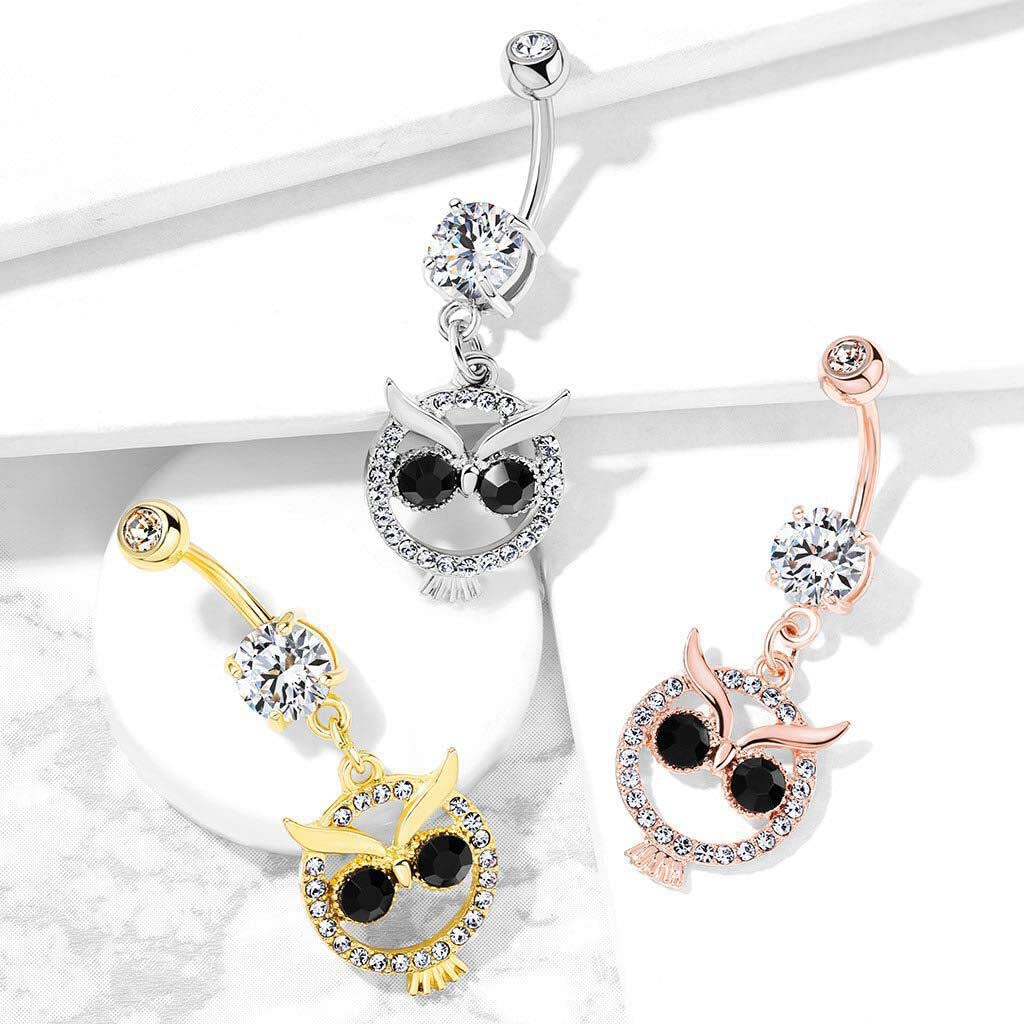 Amelia Fashion 14GA Crystal Paved Black Eyed Owl Dangle Belly Button/Navel Ring 316L Surgical Steel (Choose Color) (Rose Gold/Clear)