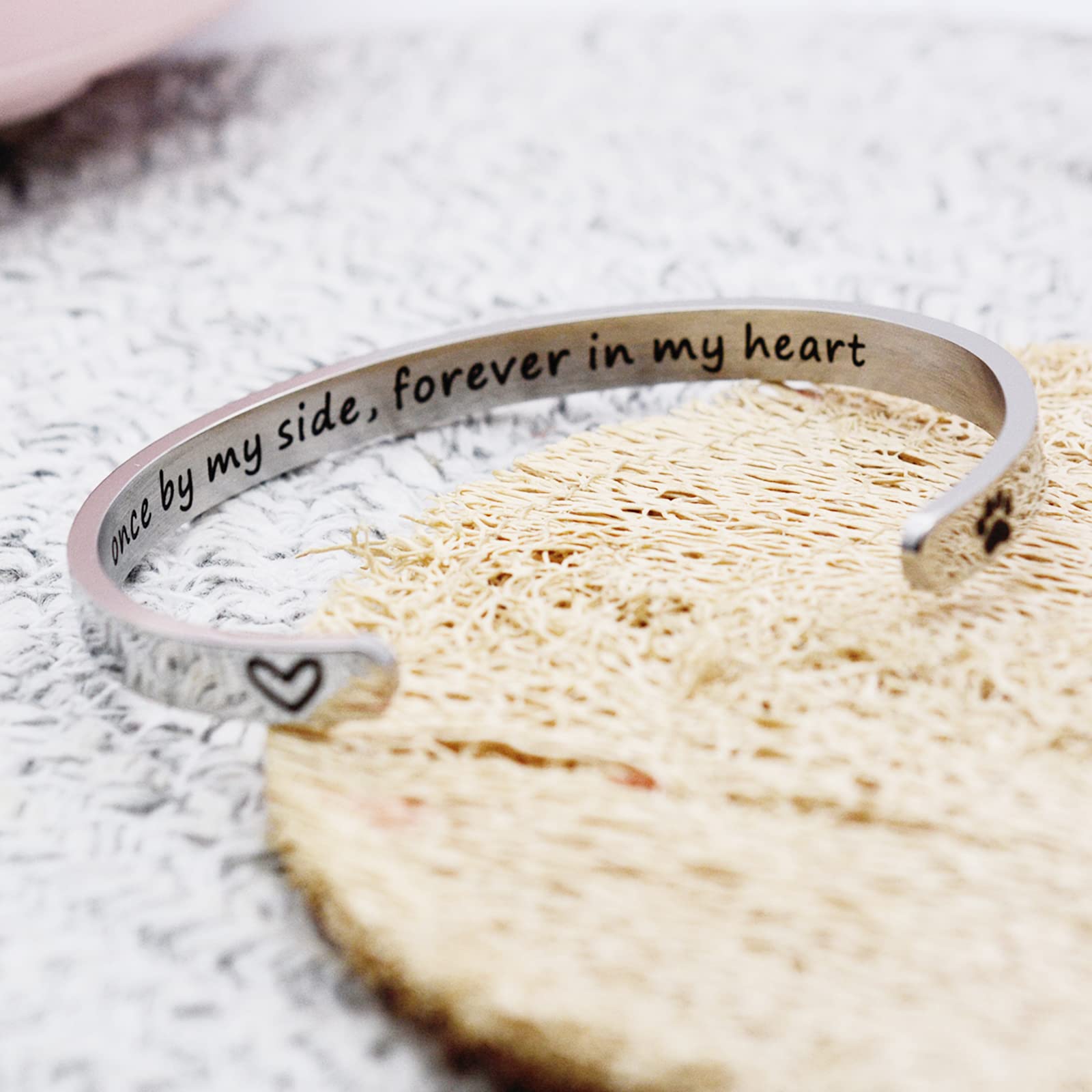 Raysunfook Once by My Side Forever in My Heart Pet Sympathy Gift Bracelet Pet Remembrance Jewelry Dog Memorial Cuff Loss of Pet Gifts (Bangle - Once by my side, forever in my heart)