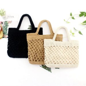 Black Straw Shoulder Tote Crochet Beach Bag Woven Handbag & Purse Handmade for Women