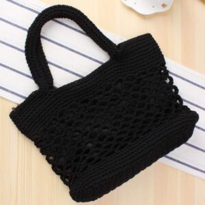 Black Straw Shoulder Tote Crochet Beach Bag Woven Handbag & Purse Handmade for Women