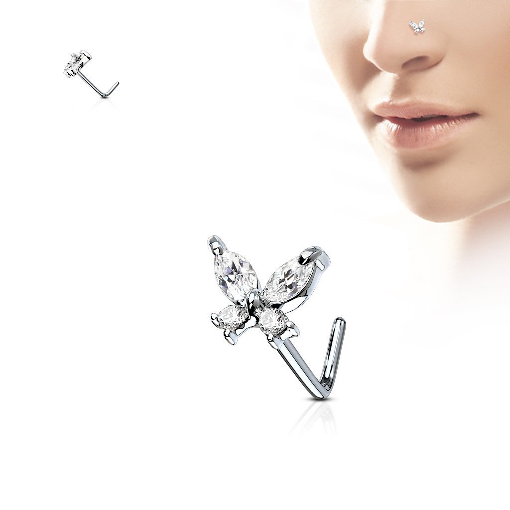 FIFTH CUE 20G CZ Butterfly 316L Surgical Steel L Bend Nose Stud Ring (Clear)