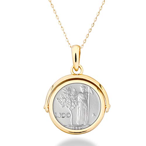 Miabella 18K Gold over Sterling Silver Italian Genuine Reversible Flip 100 Lira Coin Pendant with Adjustable Chain Necklace, Medallion Made in Italy