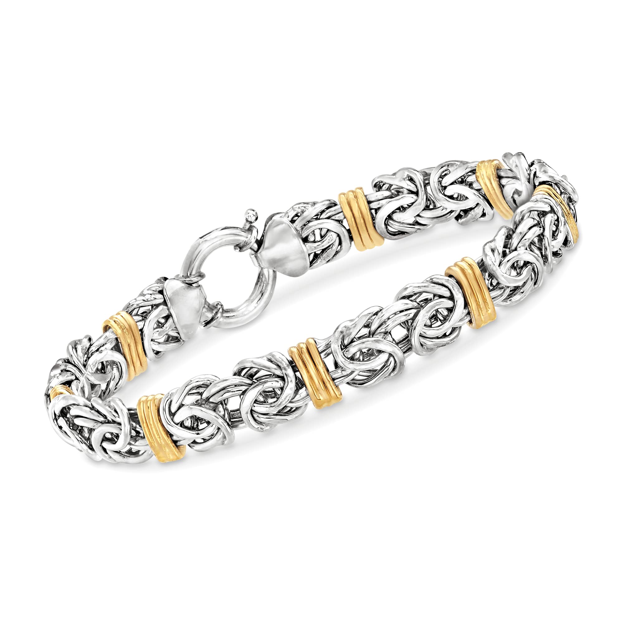 Ross-Simons Sterling Silver and 14kt Yellow Gold Byzantine Station Bracelet. 7 inches