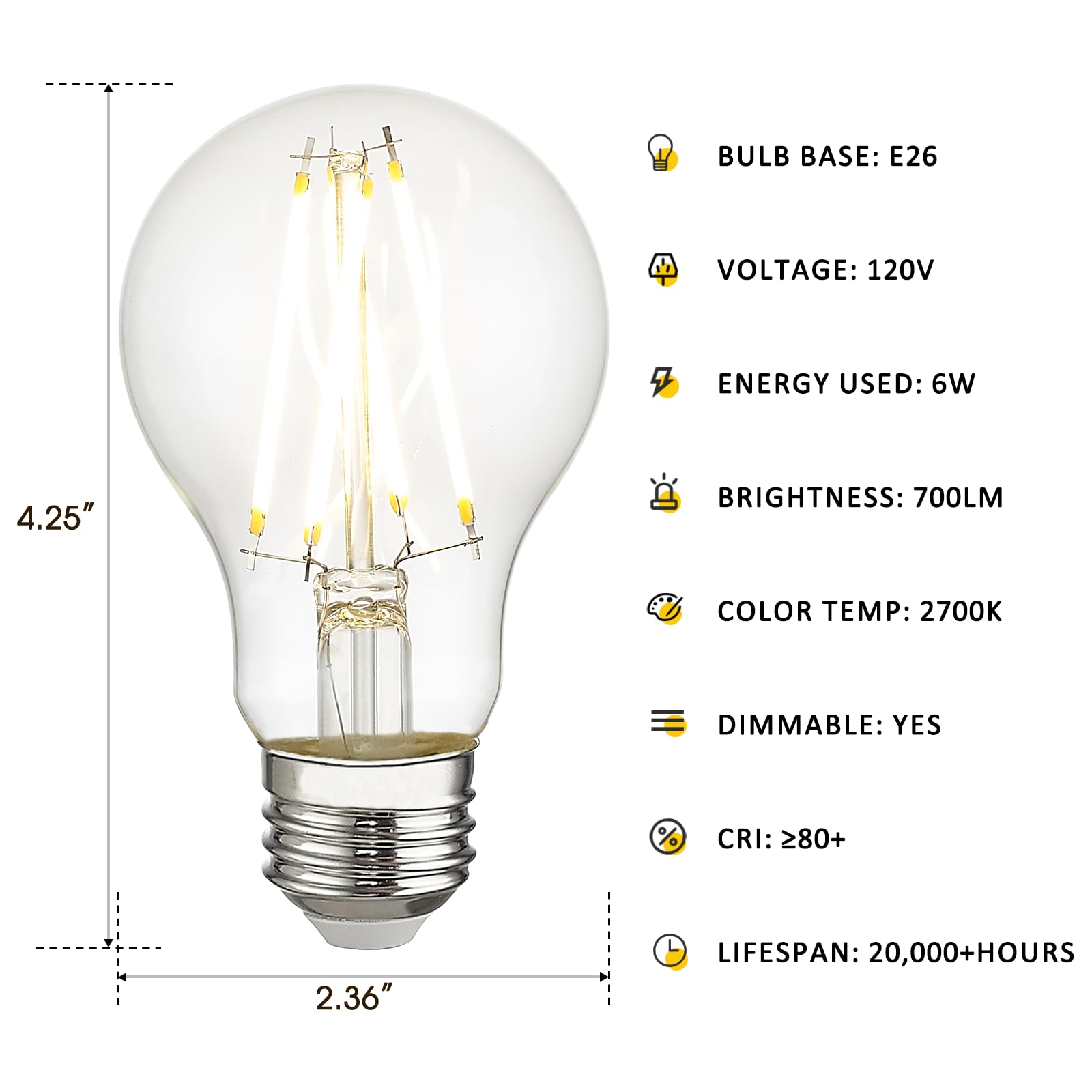 Emliviar A19 LED Light Bulb Dimmable 4 Pack, Antique 6W LED Edison Bulb, 60 Watt Equivalent, 2700K 700 Lumen Warm White, Clear Glass, CRI 80+, A19-LED