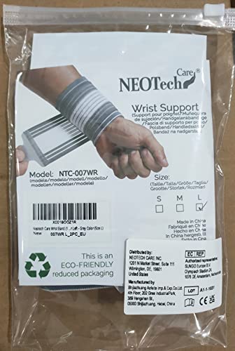 NeoTech Care Wrist Band - Adjustable Compression Strap - Elastic & Breathable Fabric - Support Sleeve for Tennis, Sports, Exercise - Men, Women, Right or Left - Grey Color (Size S, 1 Pair)