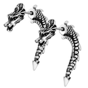 COCHARM 2PCS Ear Stud Fake Ear Gauges Burning Silver 3D Dragon Unique Style Fake Ear Gauge Earrings 18G Ear Gauges