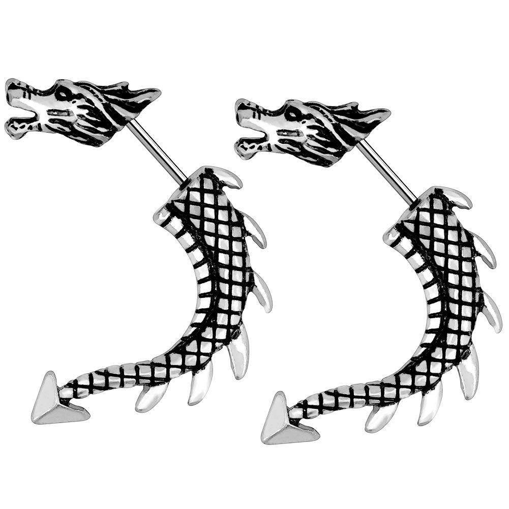 COCHARM 2PCS Ear Stud Fake Ear Gauges Burning Silver 3D Dragon Unique Style Fake Ear Gauge Earrings 18G Ear Gauges