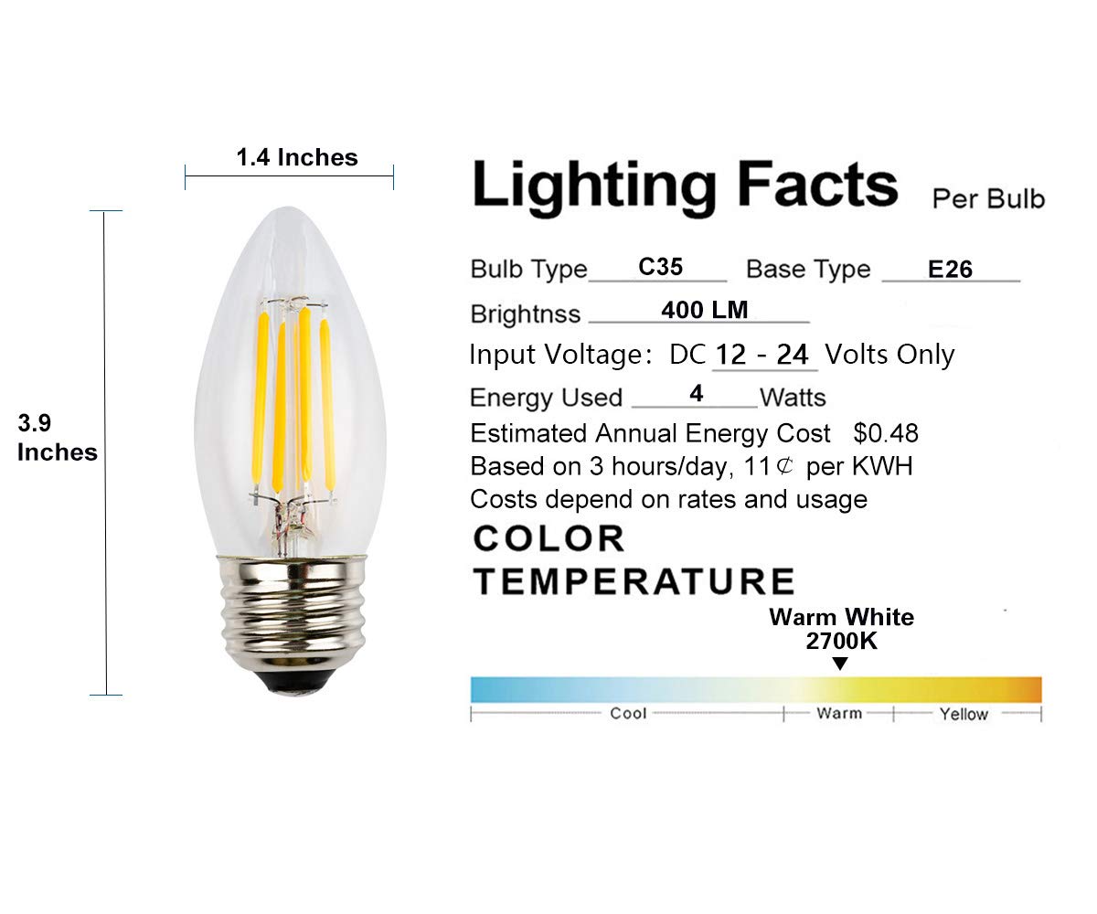 OPALRAY 4W Low Voltage DC/AC 12V LED Bulb, Dimmable with DC Dimmer, E26 Medium Base, Warm White Light, Clear Glass Torpedo Tip, 400Lm 40W Incandescent Equivalent, 12V-24V DC Power Input, 5 Pack