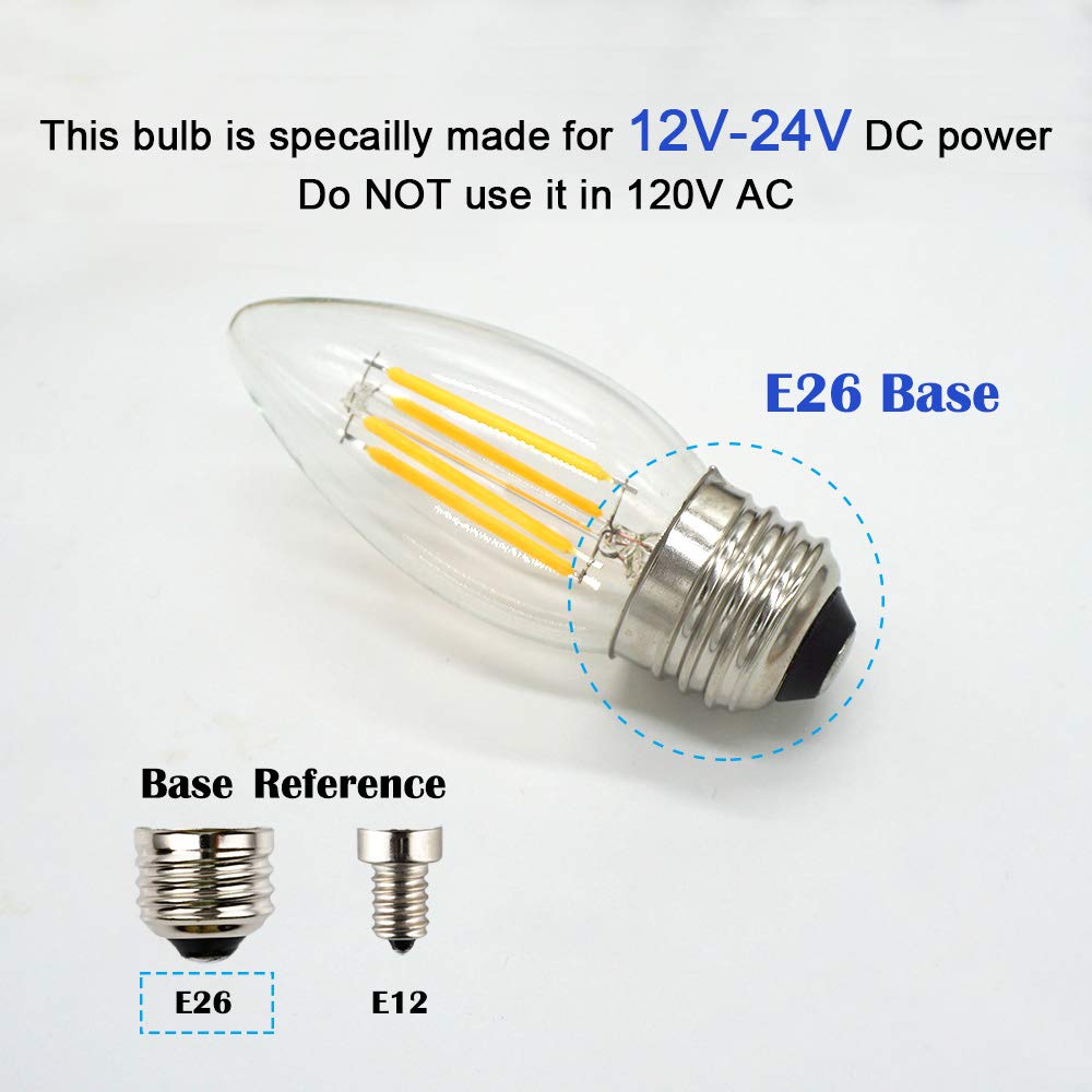 OPALRAY 4W Low Voltage DC/AC 12V LED Bulb, Dimmable with DC Dimmer, E26 Medium Base, Warm White Light, Clear Glass Torpedo Tip, 400Lm 40W Incandescent Equivalent, 12V-24V DC Power Input, 5 Pack