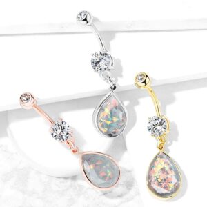 Amelia Fashion 14GA Rainbow Glitter Opalite Stone Dangle Belly Button/Navel Ring 316L Surgical Steel (Choose Color) (Gold/Clear)