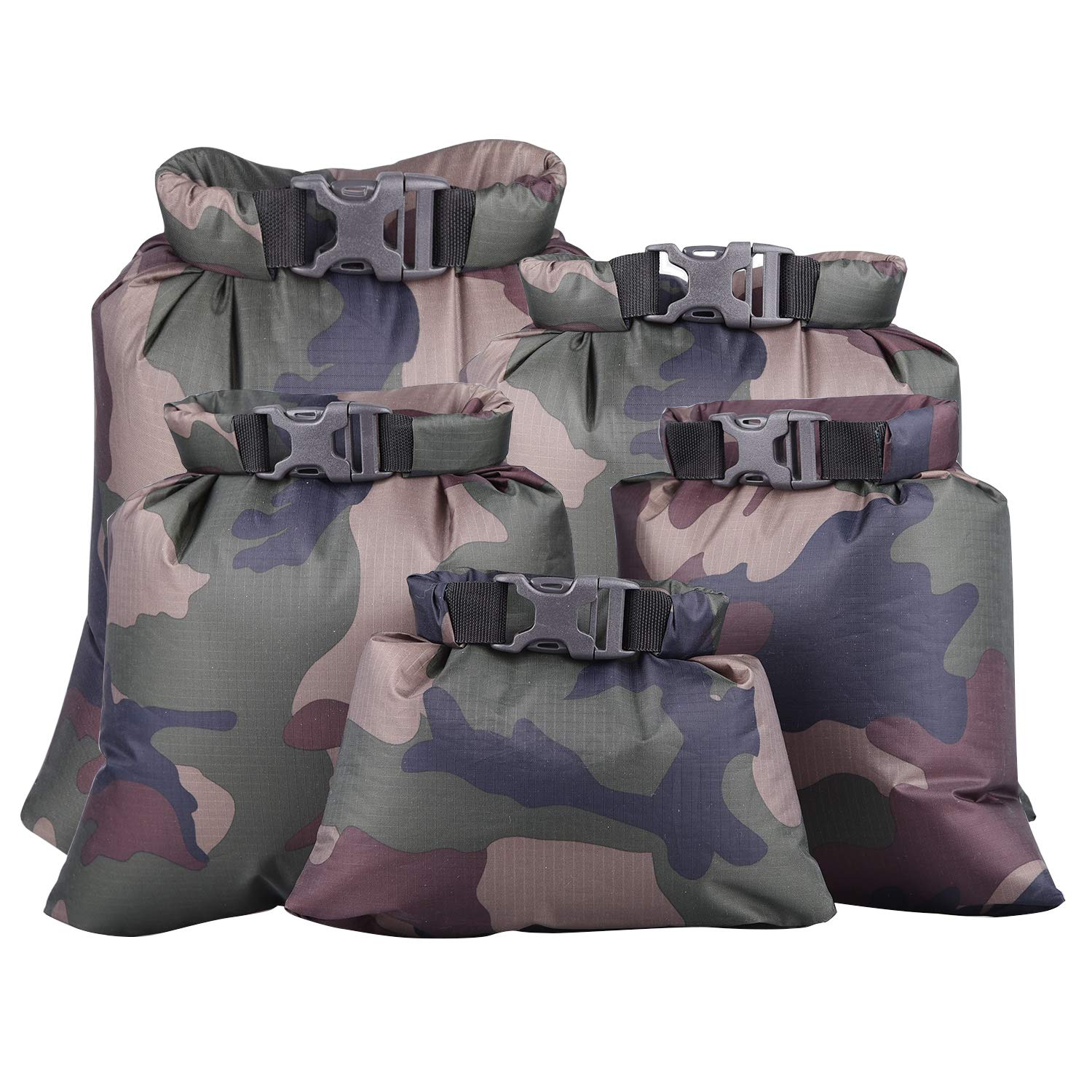 Yundxi Dry Bag Stuff Sacks Waterproof and Portable Storage Pouch for Kayaking Beach Rafting Boating Hiking Camping Surfing, Pack of 5 (Army Camo)