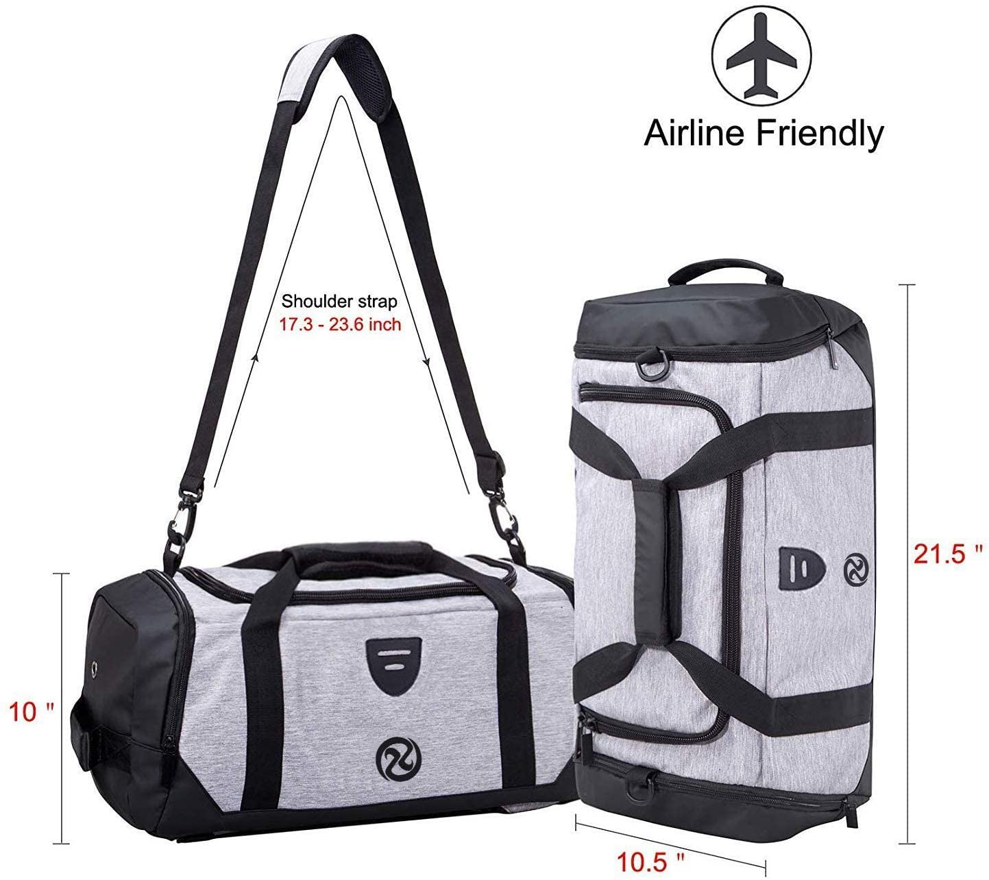 Gym Duffle Bag Backpack Waterproof Sports Duffel Bags Travel Weekender Bag for Men Women Overnight Bag with Shoes Compartment Grey