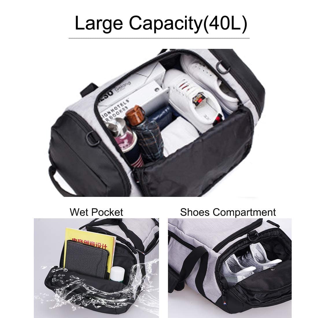 Gym Duffle Bag Backpack Waterproof Sports Duffel Bags Travel Weekender Bag for Men Women Overnight Bag with Shoes Compartment Grey