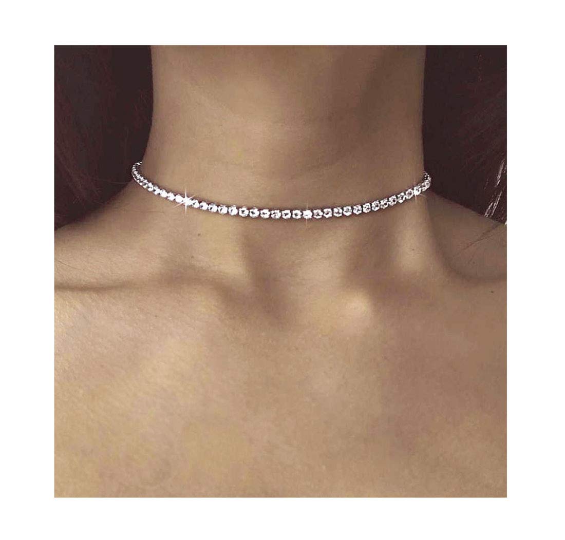 EFTOM 1 Row Silver Rhinestone Choker Necklace Diamond Necklaces for Women