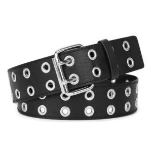 werforu double grommet belt pu leather punk belt for women black studded belts 1.5 wide