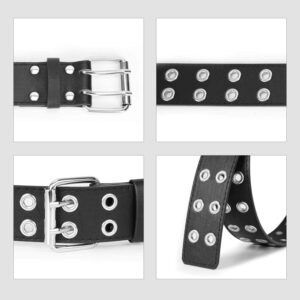 WERFORU Double Grommet Belt PU Leather Punk Belt for Women Black Studded Belts 1.5 Wide