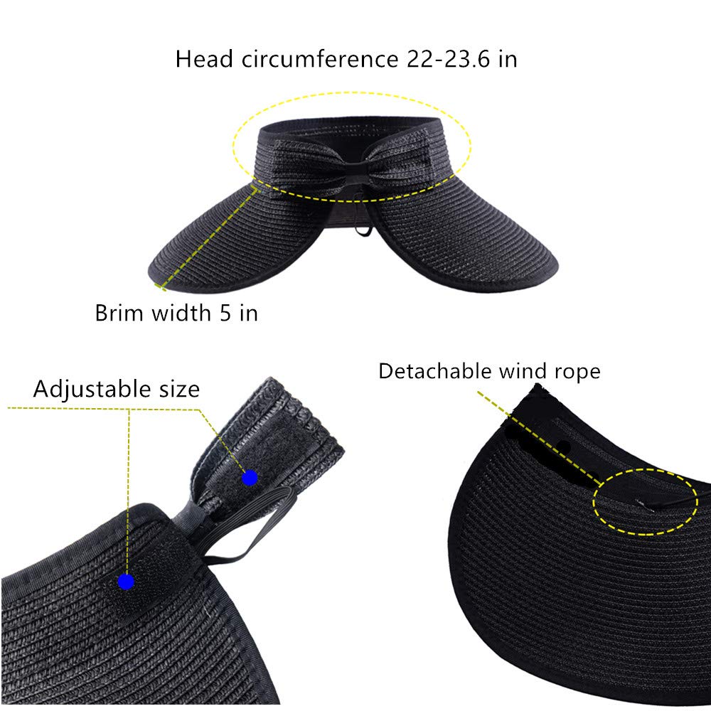 Sun Visor Hats Summer Wide Brim Clip on Beach Adjustable Large Brim Cap Golf Hat for Women… Black