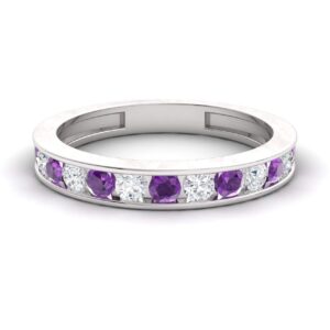 Diamondere Natural and Certified Amethyst and Diamond Wedding Ring in 14K White Gold | 0.49 Carat Half Eternity Stackable Band for Women, US Size 8