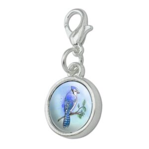 Blue Jay Watercolor Northeastern Bird Antiqued Bracelet Pendant Zipper Pull Charm with Lobster Clasp