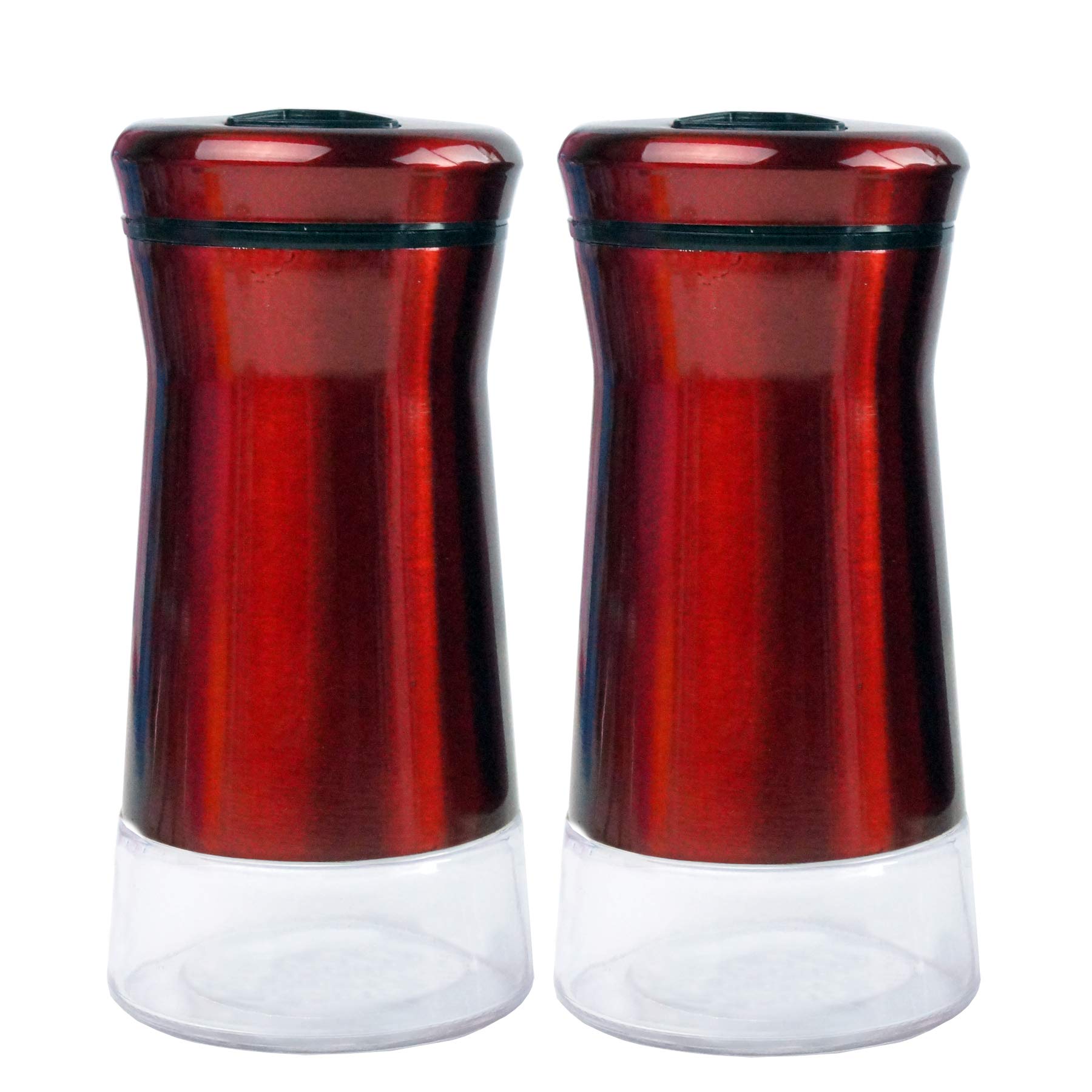 Pepper & Salt Shakers Stainless Steel Cover Glass Bottom With Rotating Adjustable Cover - Spice Sugar Shakers (Metallic Red)