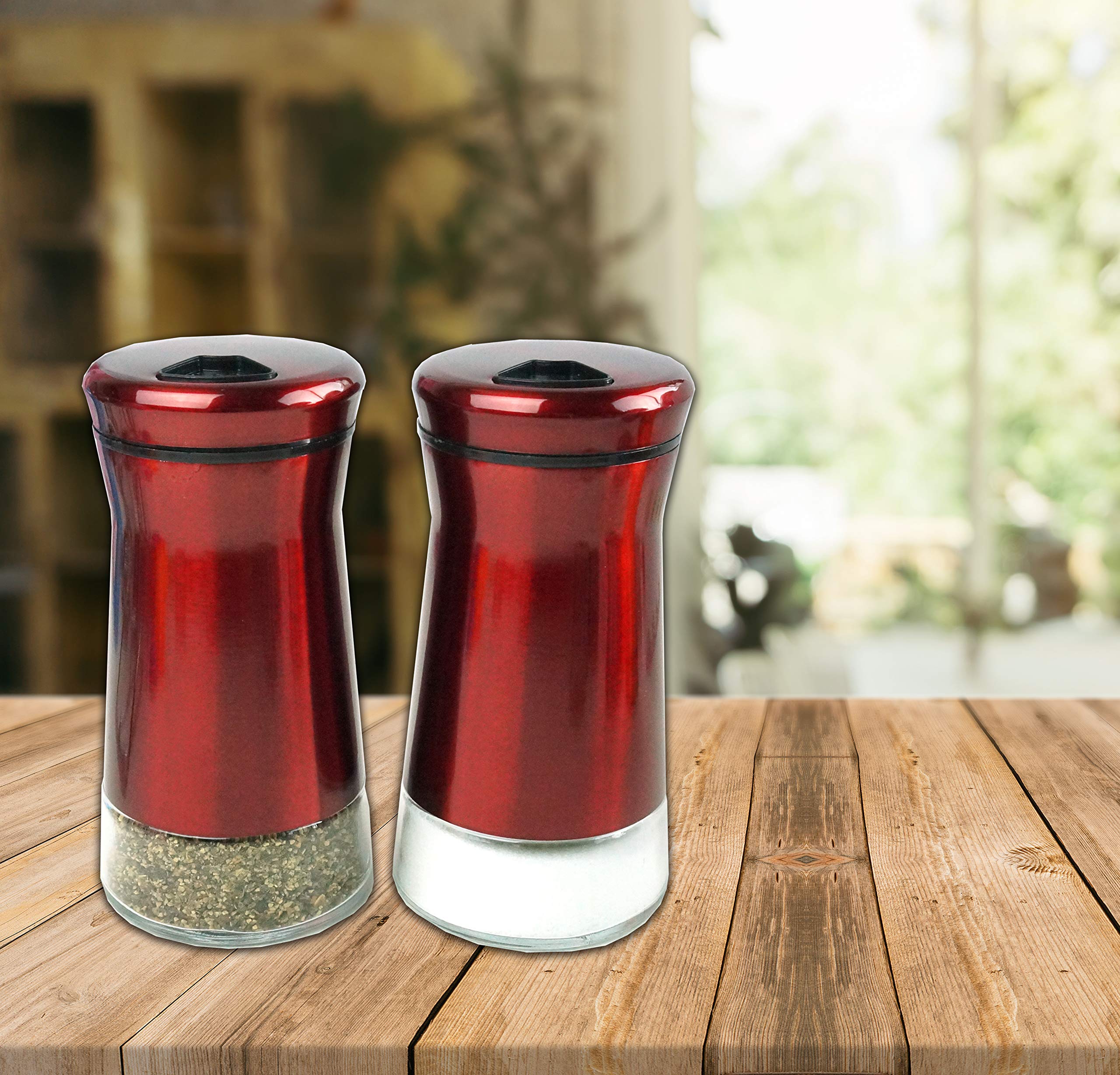 Pepper & Salt Shakers Stainless Steel Cover Glass Bottom With Rotating Adjustable Cover - Spice Sugar Shakers (Metallic Red)