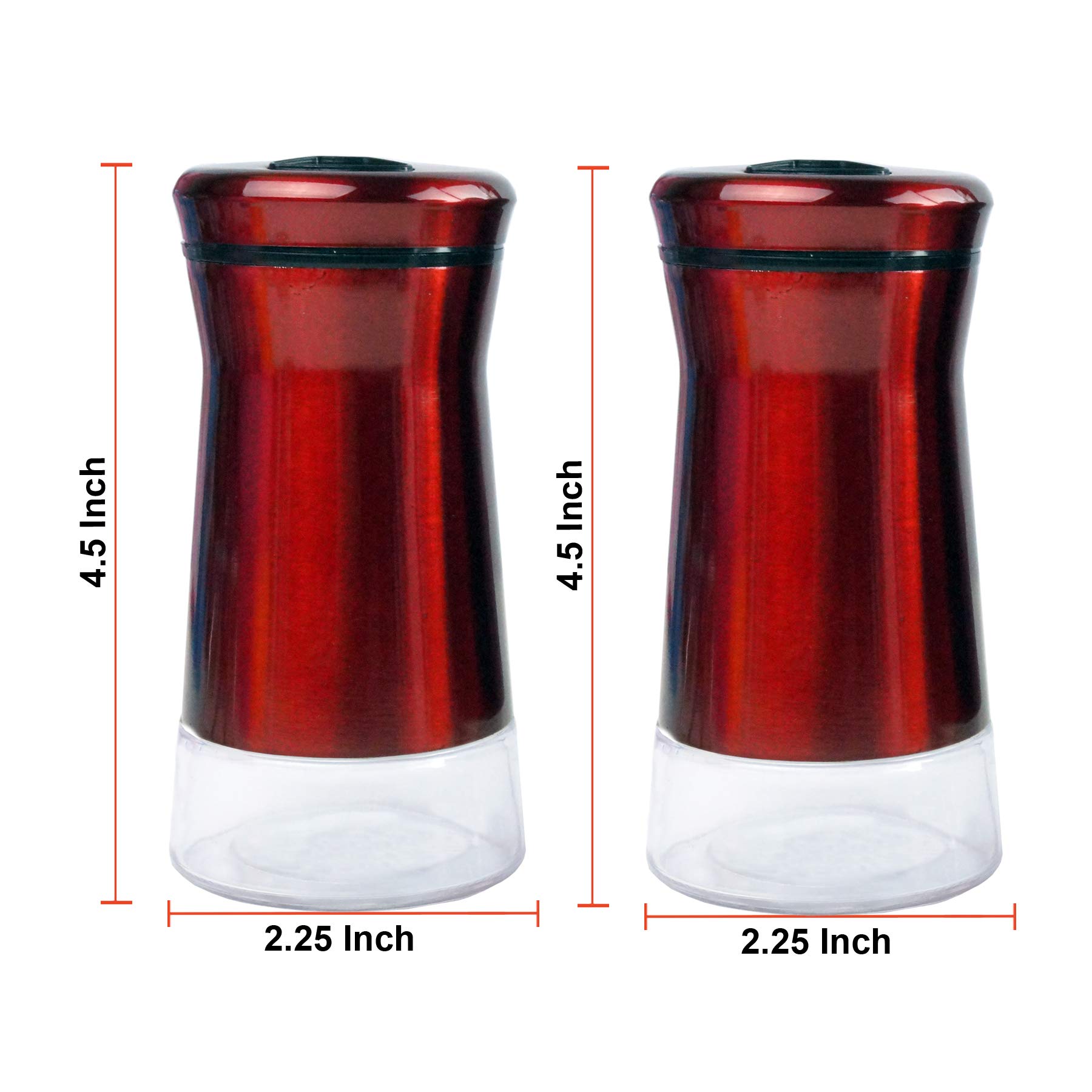 Pepper & Salt Shakers Stainless Steel Cover Glass Bottom With Rotating Adjustable Cover - Spice Sugar Shakers (Metallic Red)