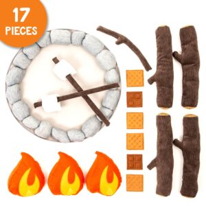 HUNIIHOME Pretend Campfire for Kids - Sensory Play Camping Toy Set with Plush Felt Fake Fire, Logs and Stones with Fake Food Marshmallow and S'Mores - 17 Piece Set