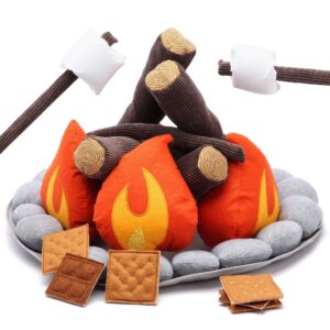 HUNIIHOME Pretend Campfire for Kids - Sensory Play Camping Toy Set with Plush Felt Fake Fire, Logs and Stones with Fake Food Marshmallow and S'Mores - 17 Piece Set