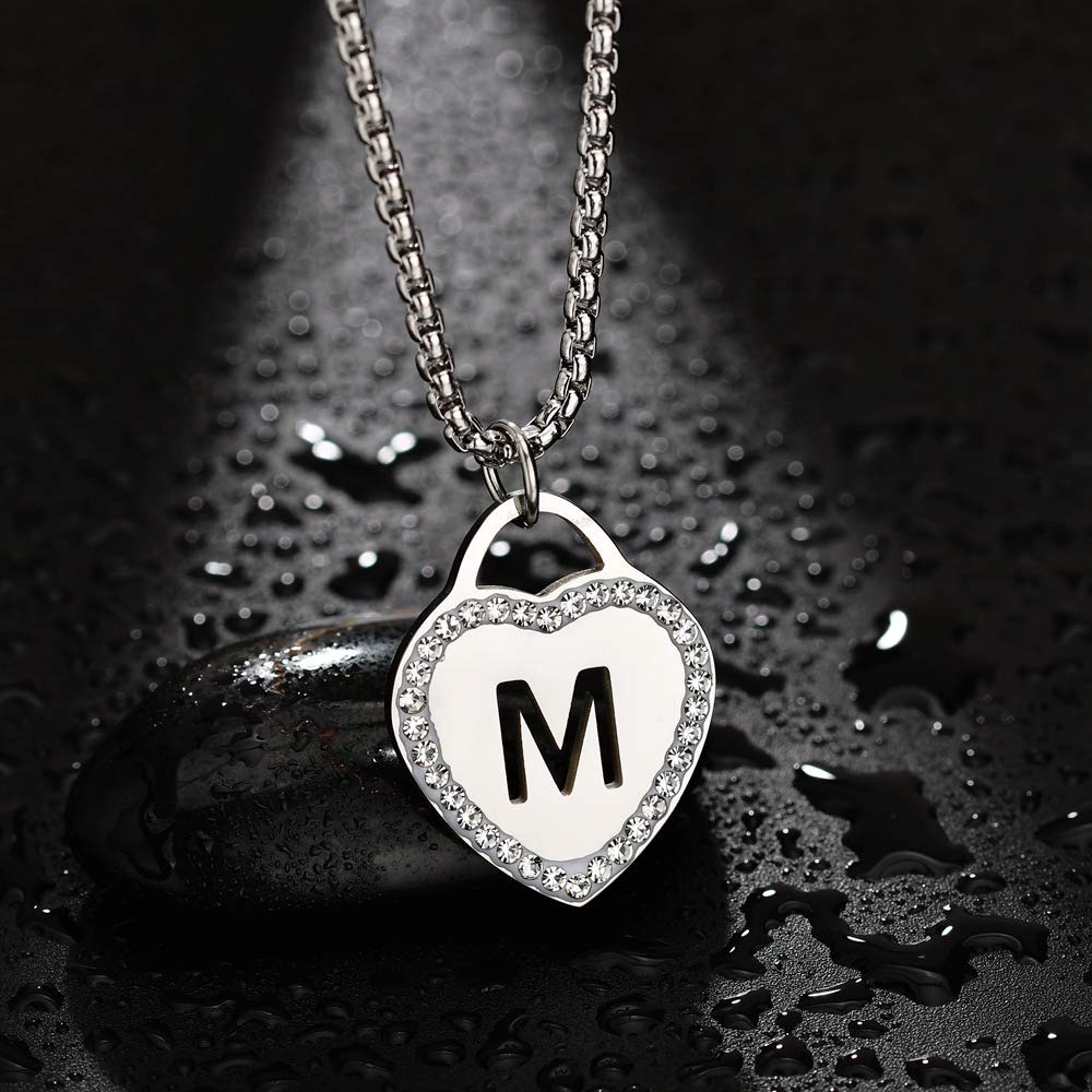 CALIS Women's Silver Initial Necklace Stainless Steel Love Heart Tiny Letter Necklace Personalized Name Jewelry for Girlfriend Gift Alphabet Letter M