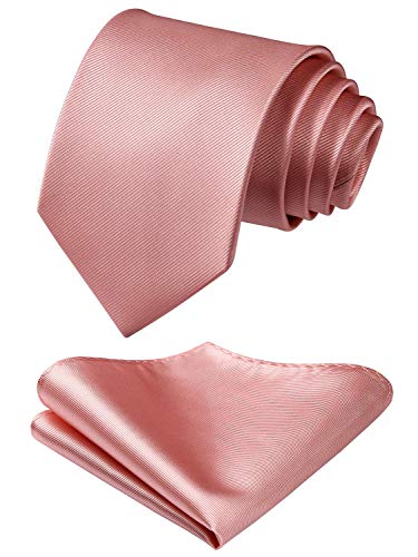 HISDERN Mens Ties Pink Ties for Men Formal Necktie with Pocket Square Set Satin Silk Dusty Rose Gold Neck Tie Set Classic Blush Tie Handkerchiefs for Wedding