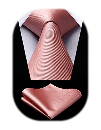 HISDERN Mens Ties Pink Ties for Men Formal Necktie with Pocket Square Set Satin Silk Dusty Rose Gold Neck Tie Set Classic Blush Tie Handkerchiefs for Wedding