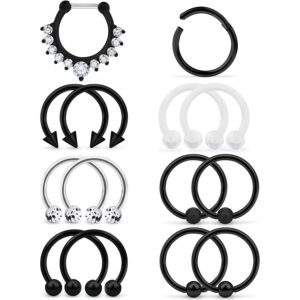 yaalozei 16g black septum rings piercing jewelry 16 gauge stainless surgical steel septum jewelry horseshoes cubic zirconia crystal septum nose rings earrings hoop piercing jewelry for women men 10mm