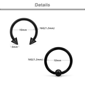 Yaalozei 16G Black Septum Rings Piercing Jewelry 16 Gauge Stainless Surgical Steel Septum Jewelry Horseshoes Cubic Zirconia Crystal Septum Nose Rings Earrings Hoop Piercing Jewelry for Women Men 10MM