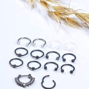 Yaalozei 16G Black Septum Rings Piercing Jewelry 16 Gauge Stainless Surgical Steel Septum Jewelry Horseshoes Cubic Zirconia Crystal Septum Nose Rings Earrings Hoop Piercing Jewelry for Women Men 10MM