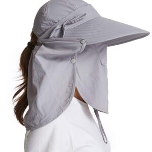 icolor Women Sun Cap Finshing Hats UPF+50 Detachable Face Mask Neck Flap Visor Wide Brim Sun Protection Hiking Hats Light Gray