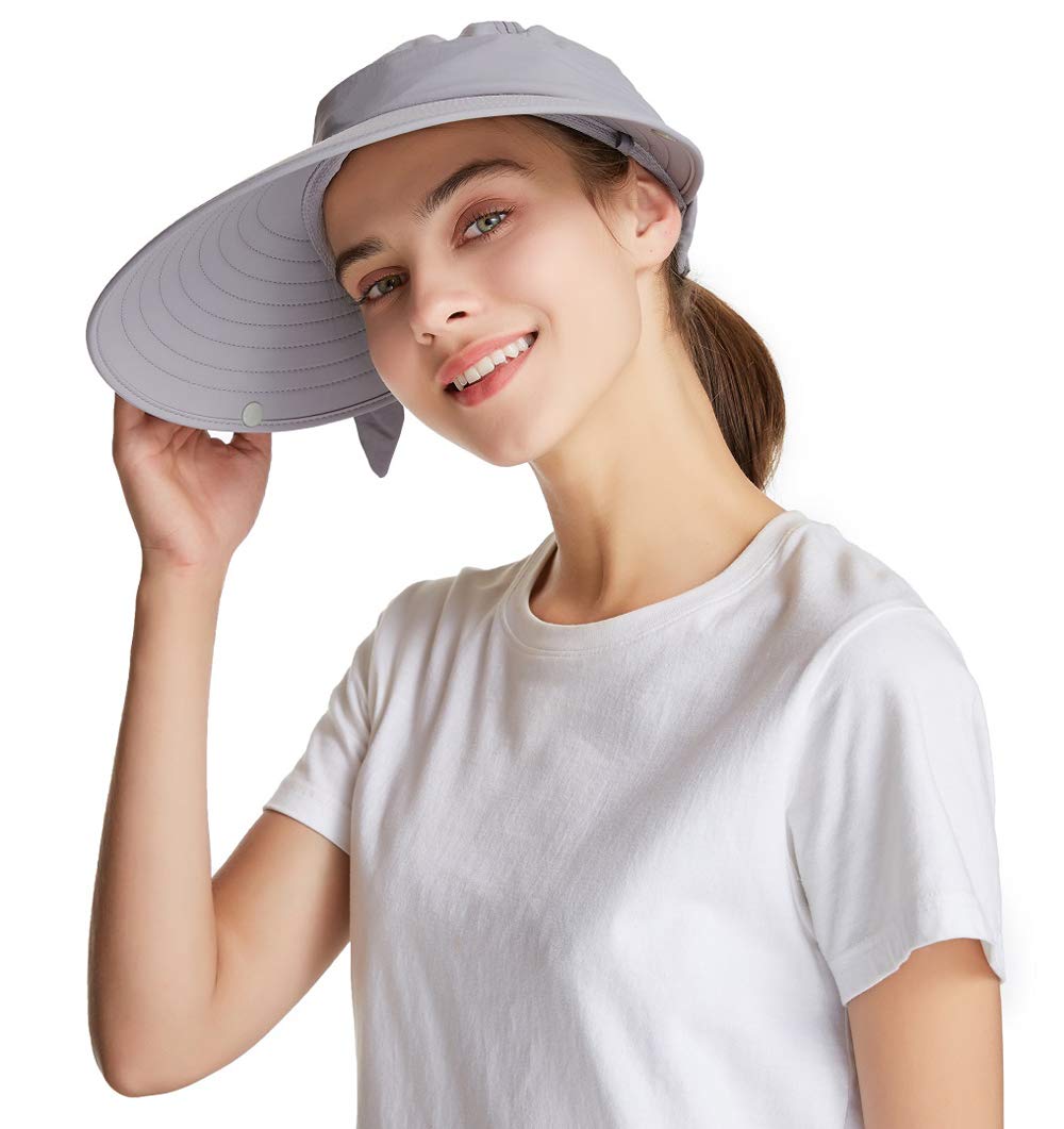 icolor Women Sun Cap Finshing Hats UPF+50 Detachable Face Mask Neck Flap Visor Wide Brim Sun Protection Hiking Hats Light Gray