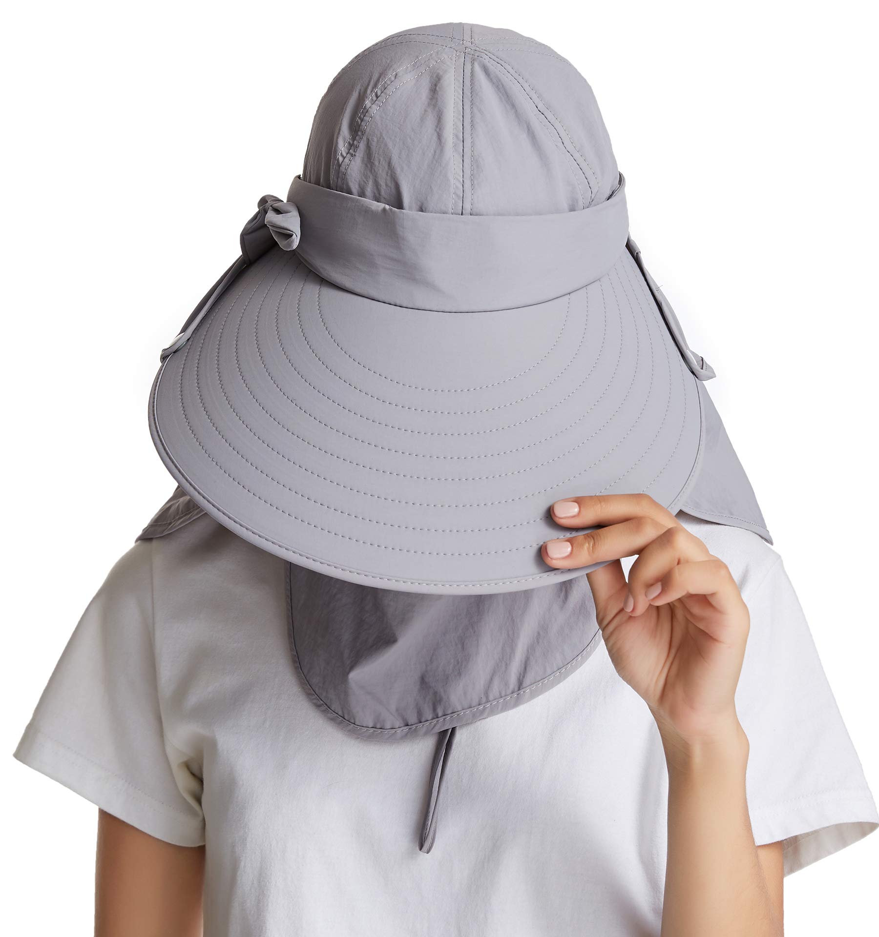 icolor Women Sun Cap Finshing Hats UPF+50 Detachable Face Mask Neck Flap Visor Wide Brim Sun Protection Hiking Hats Light Gray