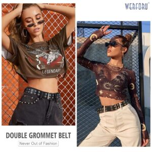 WERFORU Double Grommet Belt PU Leather Punk Belt for Women Men Jeans 2 Hole Belts 1.5 Wide