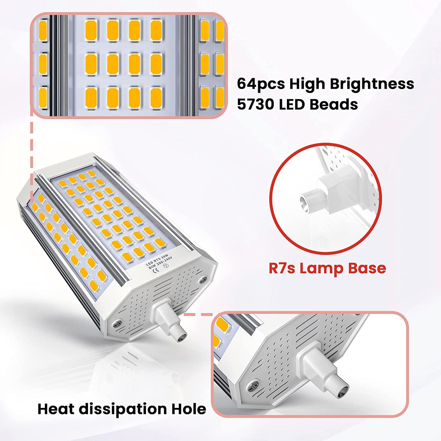 Luxvista Dimmable R7S LED Bulb 118mm 30W J118 LED Bulbs 150-300W R7S Halogen Bulb Equivalent, Double Ended Base J118 Flood Lights for Household Lighting Floodlight Replacement Bulb,3000K Warm White