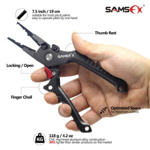 SAMSFX Aluminum Fishing Pliers Hook Remover Braid Line Cutter with Coiled Lanyard, Fly Fishing Knot Tying Tool & Retractors (Gray Handle, Split Ring Nose)