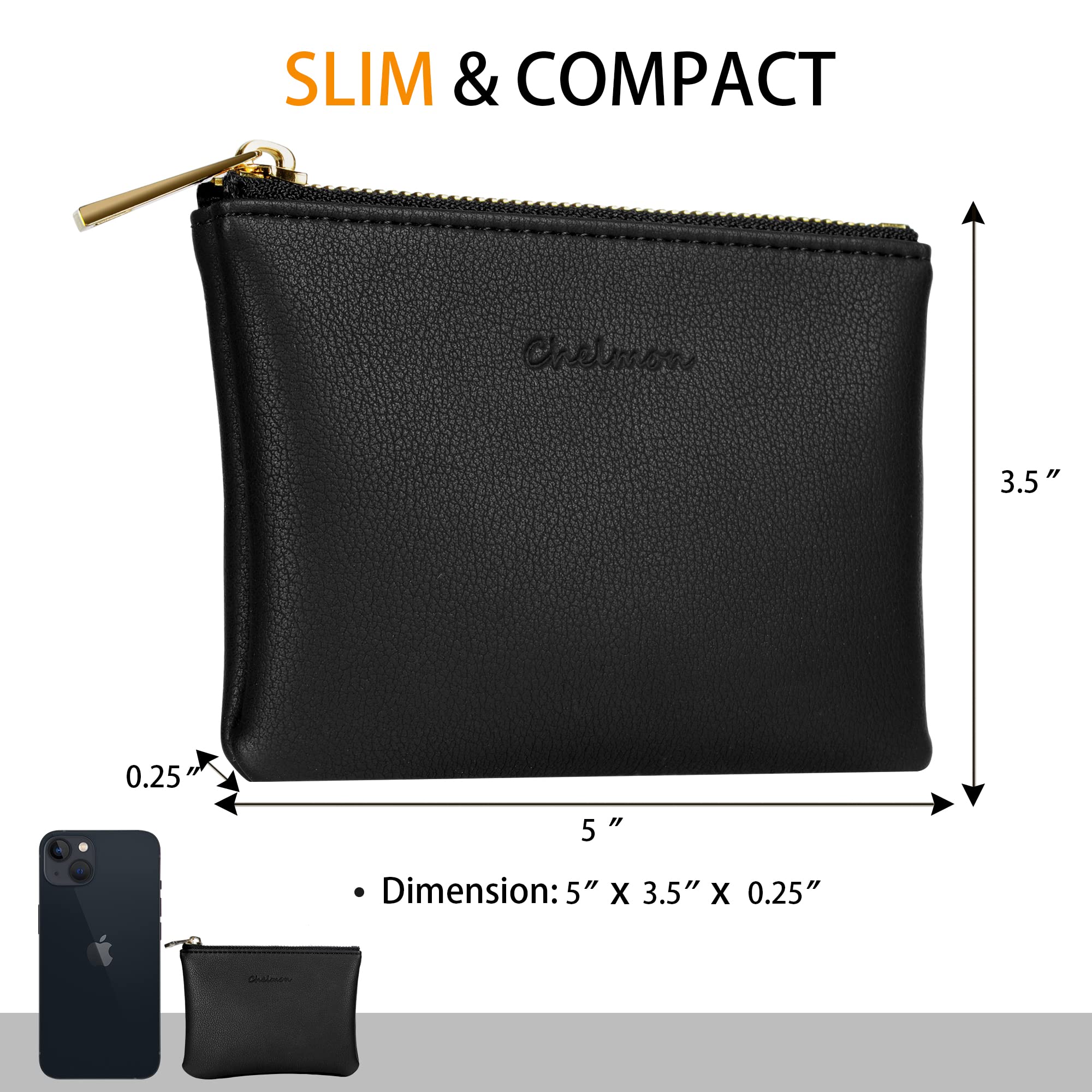 Chelmon Vegan Leather Coin Purse Pouch Change Purse With Zipper For Men Women (Black Up)