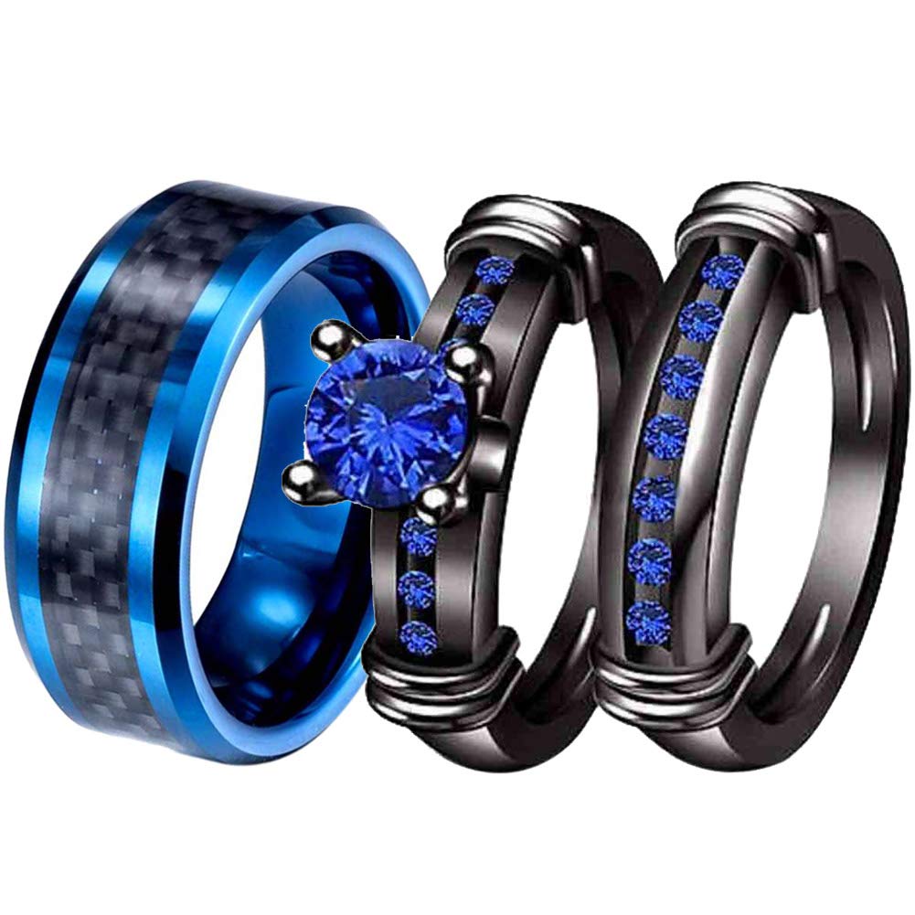 ringheart 2 Rings His and Hers Couple Rings Bridal Sets Black Gold Filled Blue Cz Womens Wedding Ring Sets Man Tungsten Carbide Ring Band