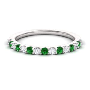 Diamondere Natural and Certified Emerald and Diamond Wedding Ring in 14K White Gold | 0.38 Carat Half Eternity Stackable Band for Women, US Size 8